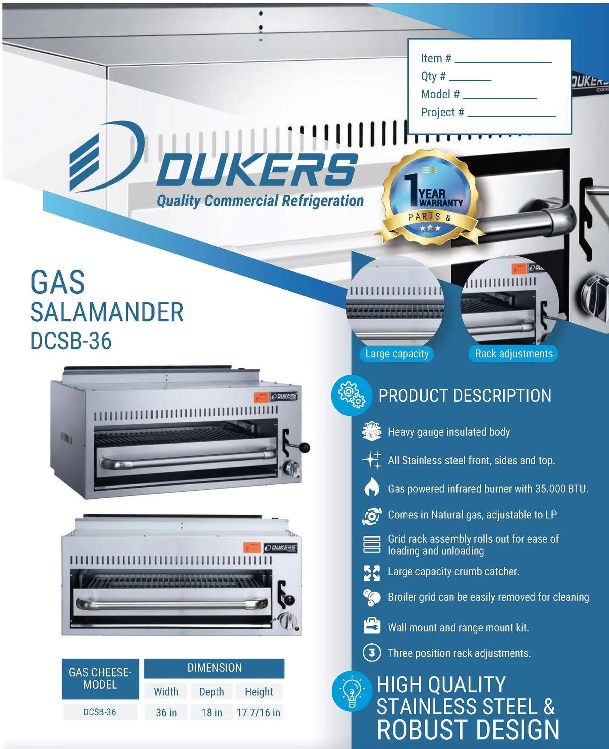 Dukers  DCSB36 Gas Salamander (Free Shipping) (Add to cart for discount)