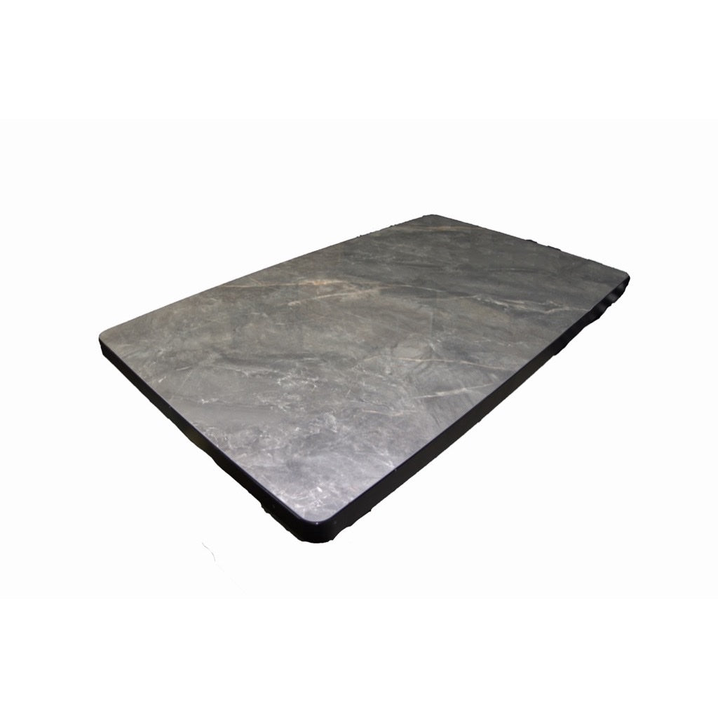 Rectangular grey marble-look restaurant tabletop with black squared edge and rounded corners