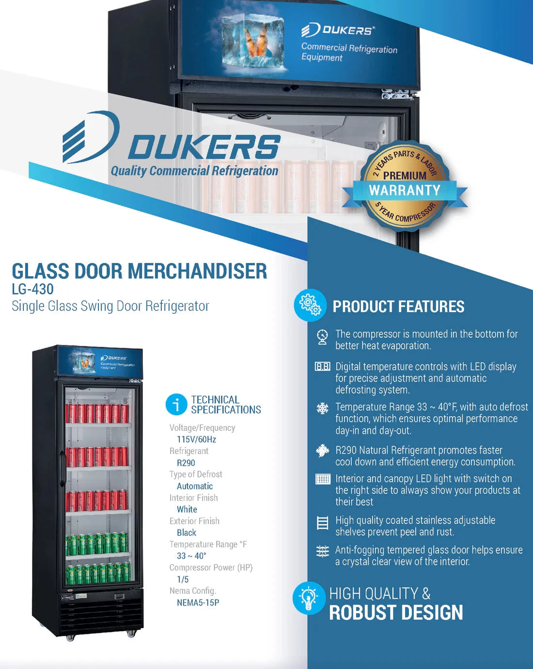 Dukers LG-430 Commercial Single Swing Door Glass Merchandiser Refrigerator (Free Shipping) (Add to cart for discount)