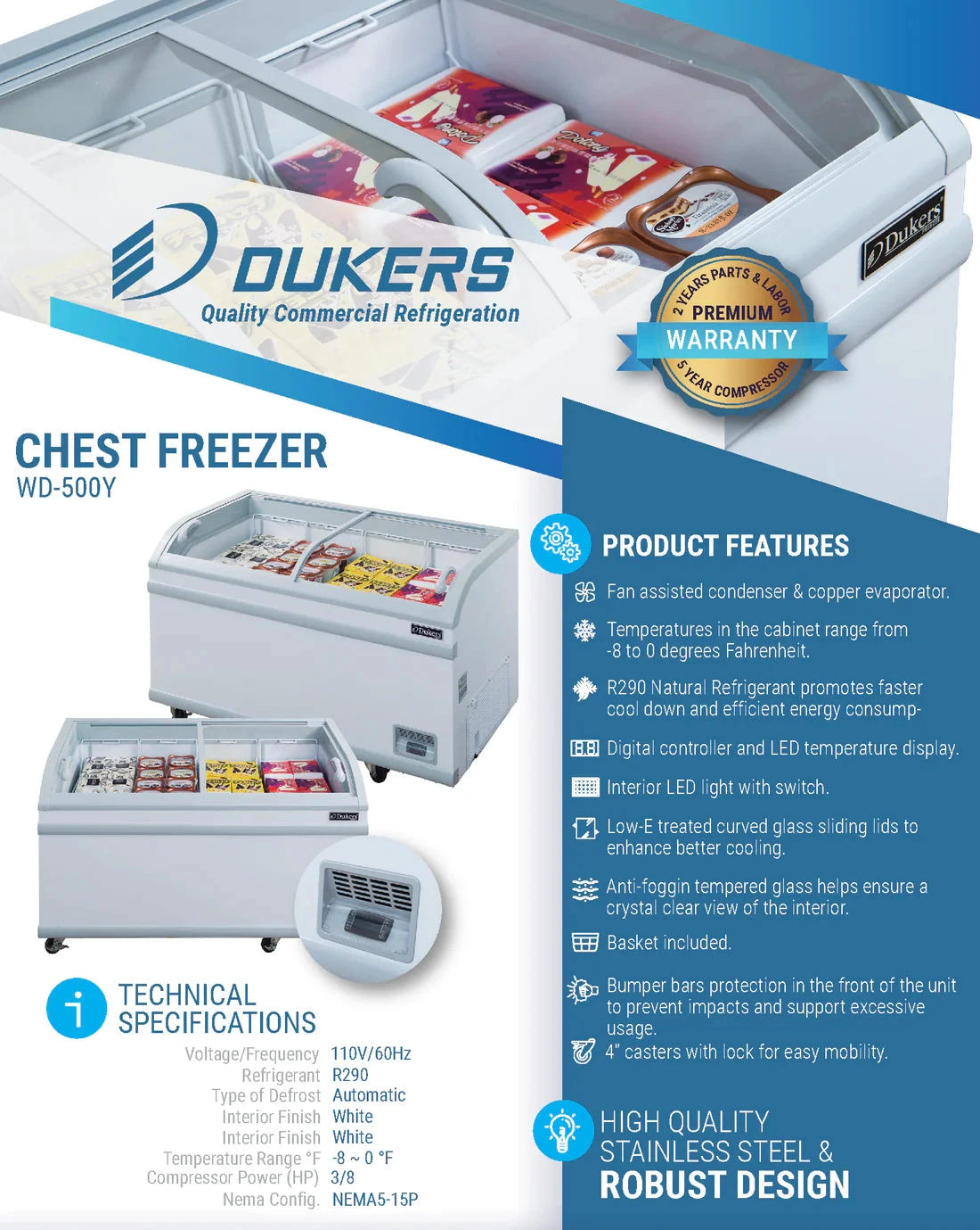 Dukers WD-500Y Commercial Chest Freezer in White (Free Shipping)+(Add to cart for discount)
