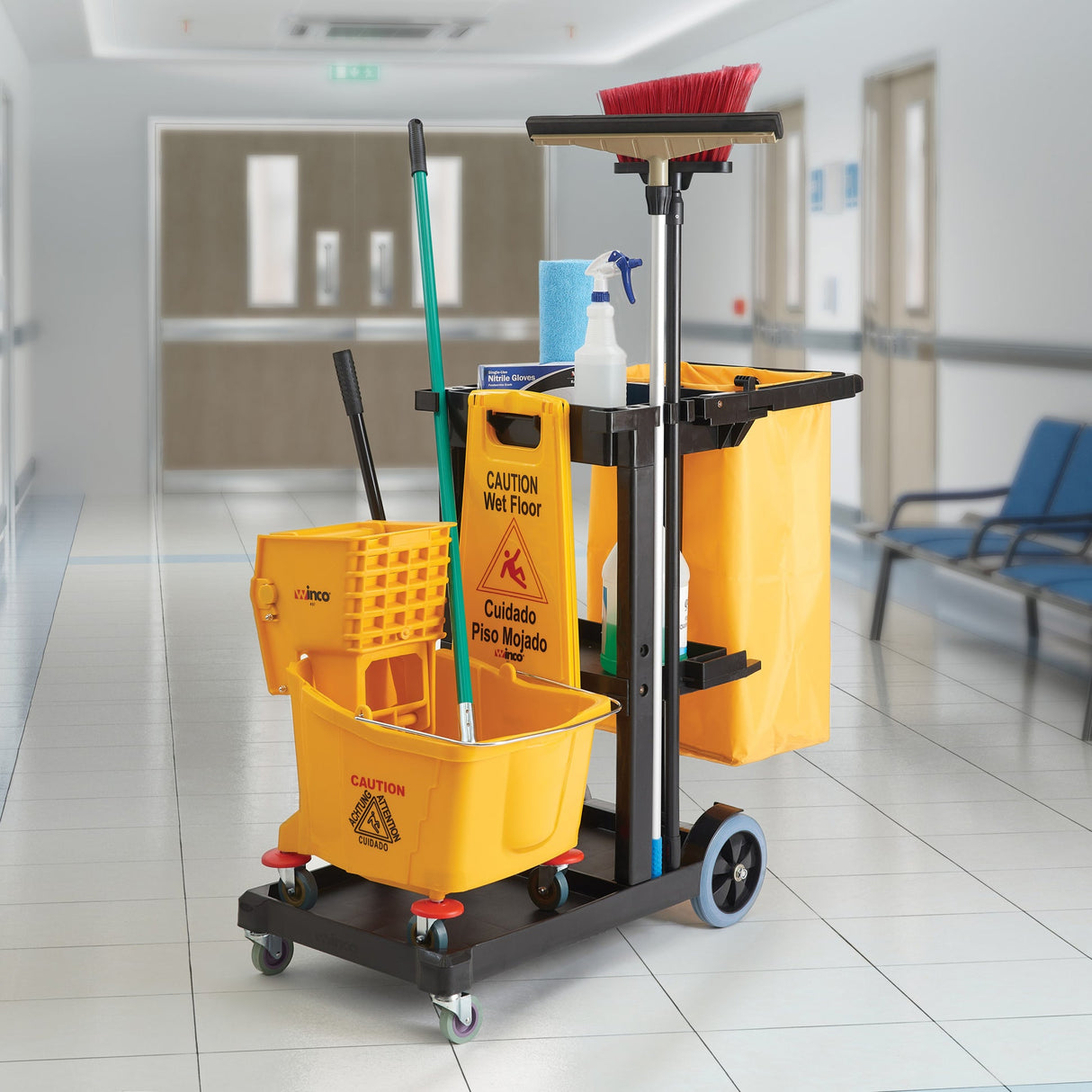 Janitorial Cart with 3 Shelves and Removable Bag