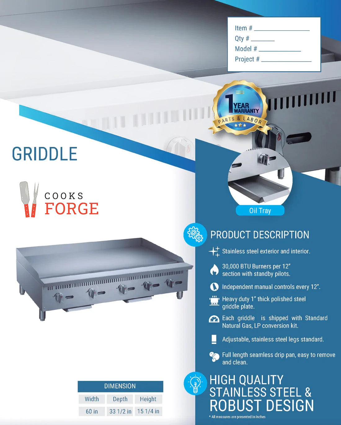 Cooks Forge CFGMA60 60 in. W Griddle with 5 Burners
Cooks Forge CFGMA60 6英寸五眼烧烤炉
