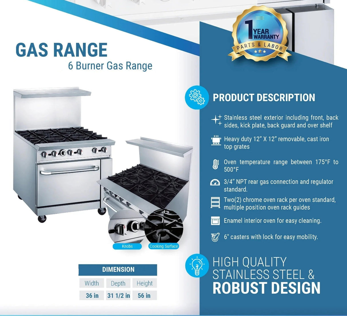 Cooks Forge CFR36-4B 36" Gas Range with Six (6) Open Burners