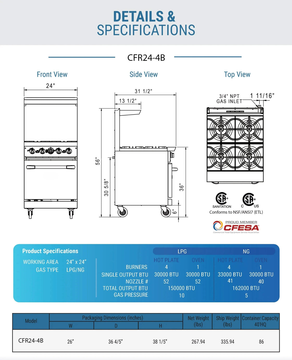 Cooks Forge CFR24-4B 24" Gas Range with Four (4) Open Burners
Cooks Forge CFR24-4B 24英寸四眼梅花炉连烤箱