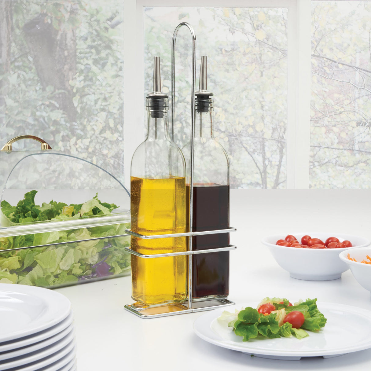 Oil/Vinegar Cruet Set with Chrome Plated Rack & Two Bottles
