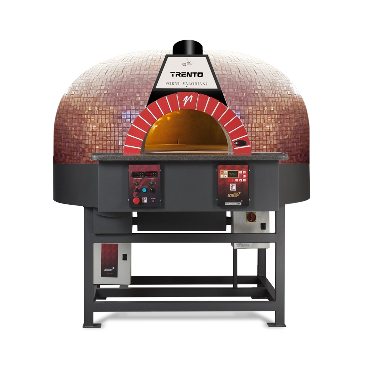 Trento Valoriani Rotativo 120 Gas and Wood Fired Pizza Oven with Rotating Deck, Red Iridium Mosaic – 100,000 BTU
120 燃气/柴火双燃披萨烤箱（旋转烤层/ 红马赛克款）