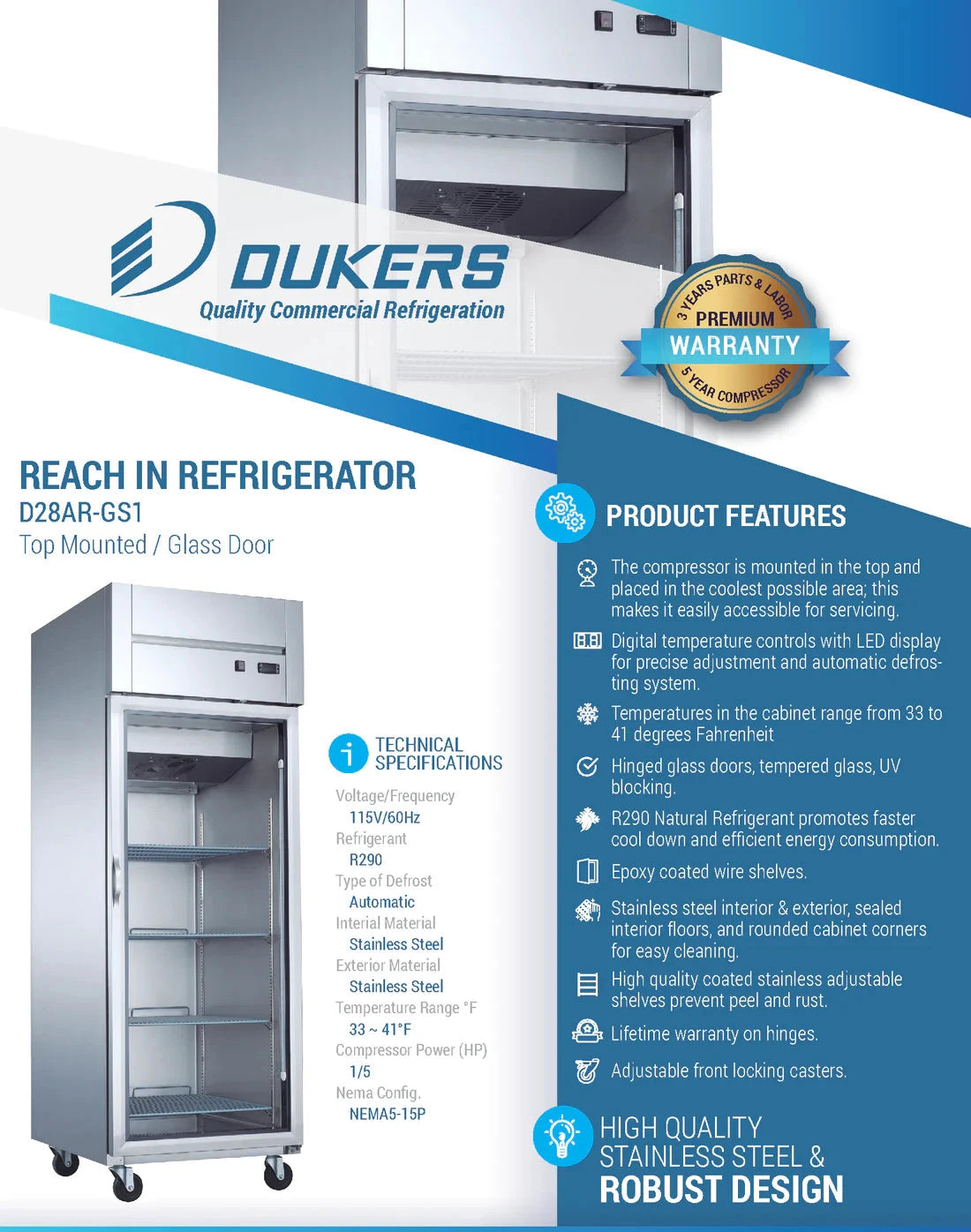 Dukers  D28AR-GS1 Top Mount Single Glass Door Commercial Reach-in Refrigerator (Free Shipping) (Add to cart for discount)