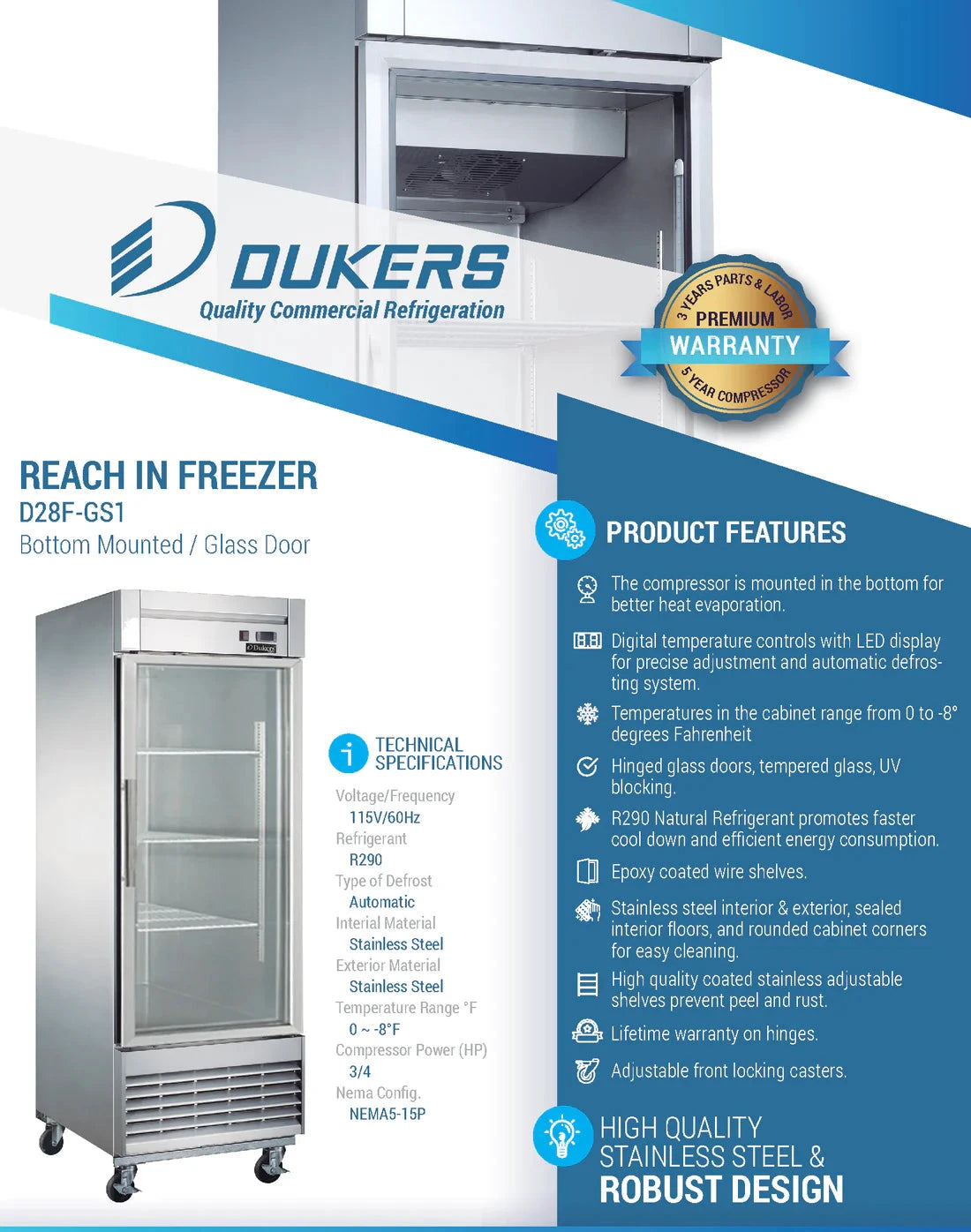 Dukers  D28F-GS1 Bottom Mount Glass Single Door Commercial Reach-in Freezer (Free Shipping) (Add to cart for discount)