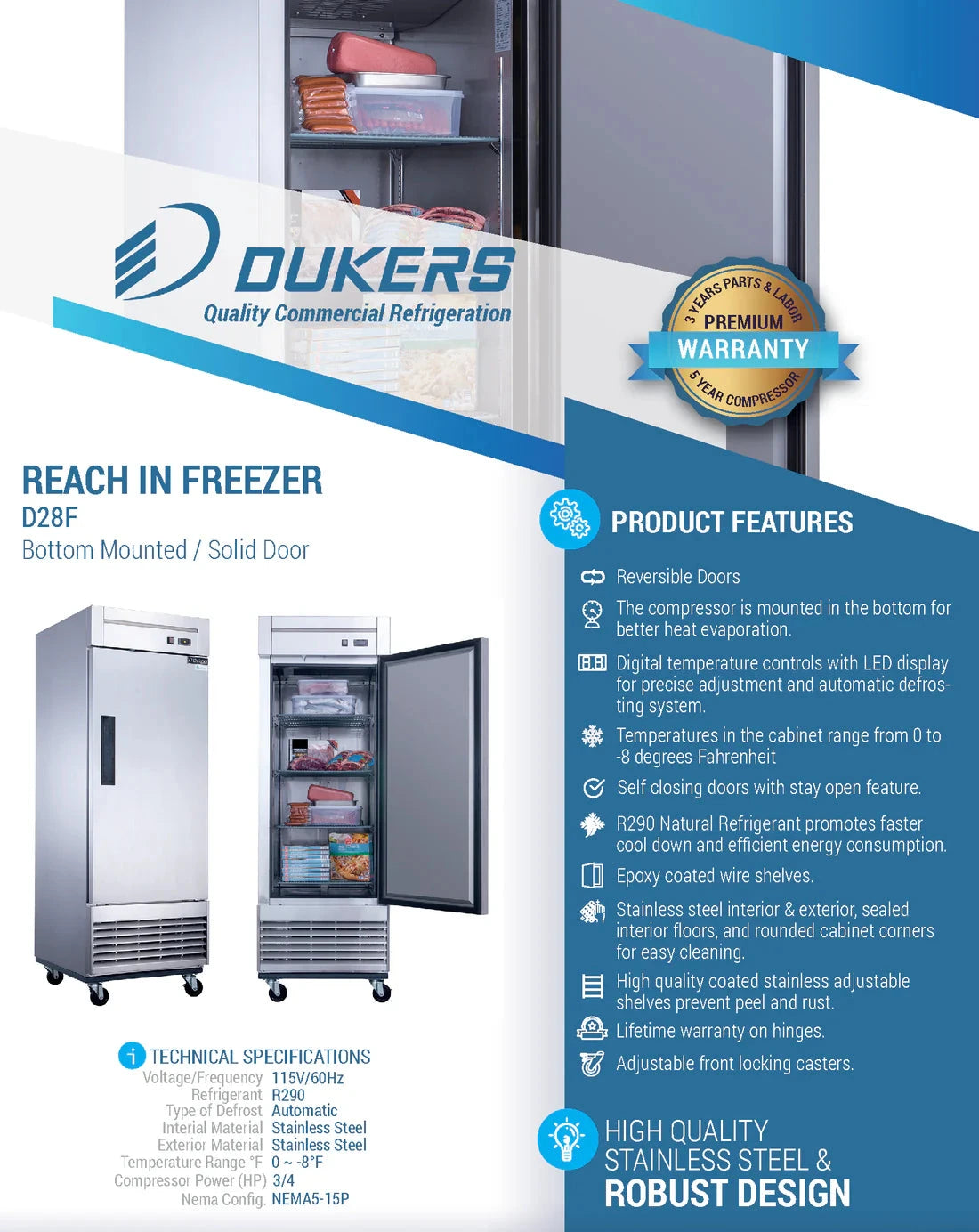 Dukers  D28F Single Door Commercial Freezer in Stainless Steel (Free Shipping) (Add to cart for discount)