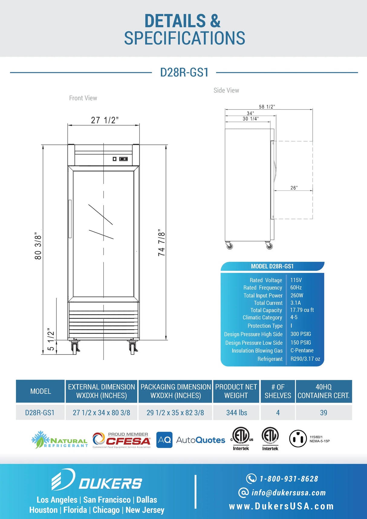 Dukers  D28R-GS1 Bottom Mount Glass Single Door Commercial Reach-in Refrigerator (Free Shipping) (Add to cart for discount)