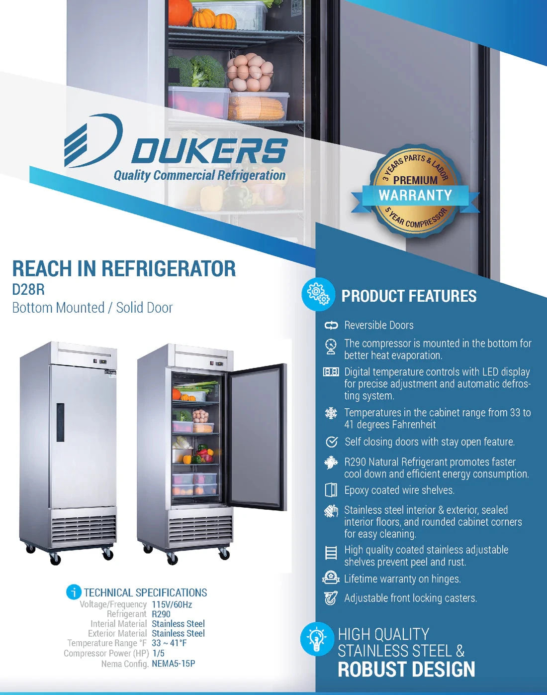 Dukers  D28R Single Door Commercial Refrigerator in Stainless Steel (Free Shipping) (Add to cart for discount)