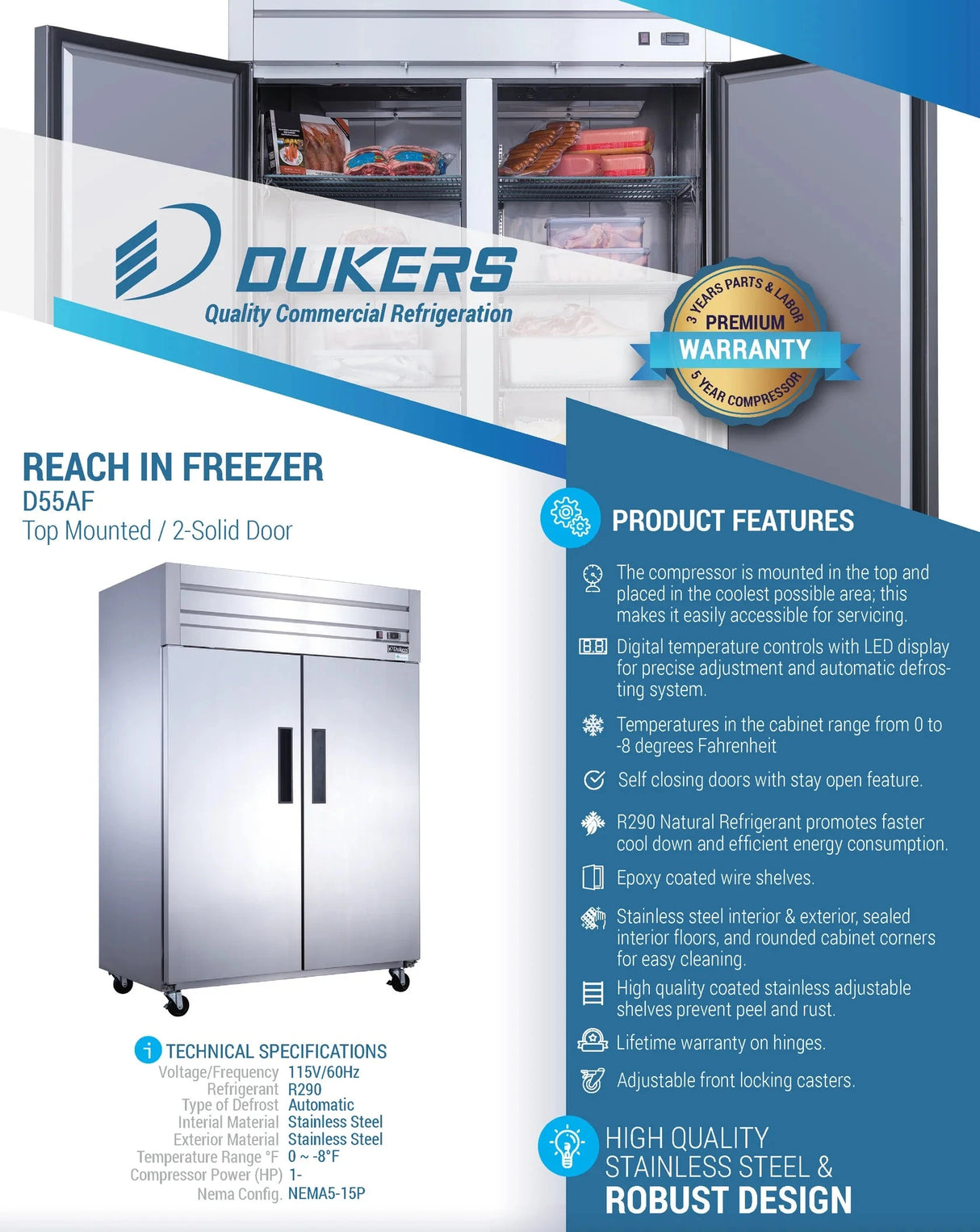 Dukers  D55AF Commercial 2-Door Top Mount Freezer in Stainless Steel (Free Shipping) (Add to cart for discount)
