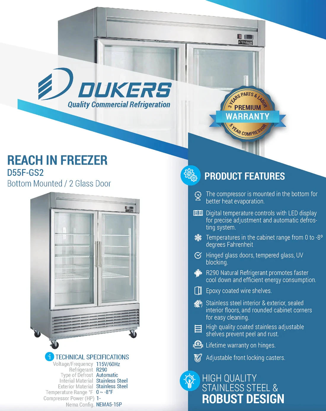 Dukers  D55F-GS2 Bottom Mount Glass 2-Door Commercial Reach-in Freezer (Free Shipping) (Add to cart for discount)