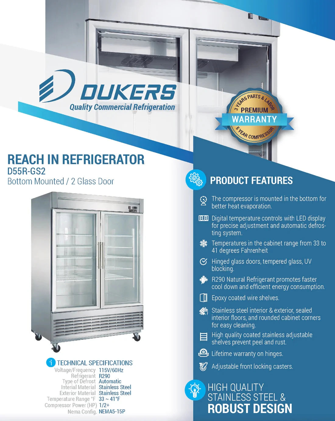 Dukers  D55R-GS2 Bottom Mount Glass 2-Door Commercial Reach-in Refrigerator (Free Shipping) (Add to cart for discount)