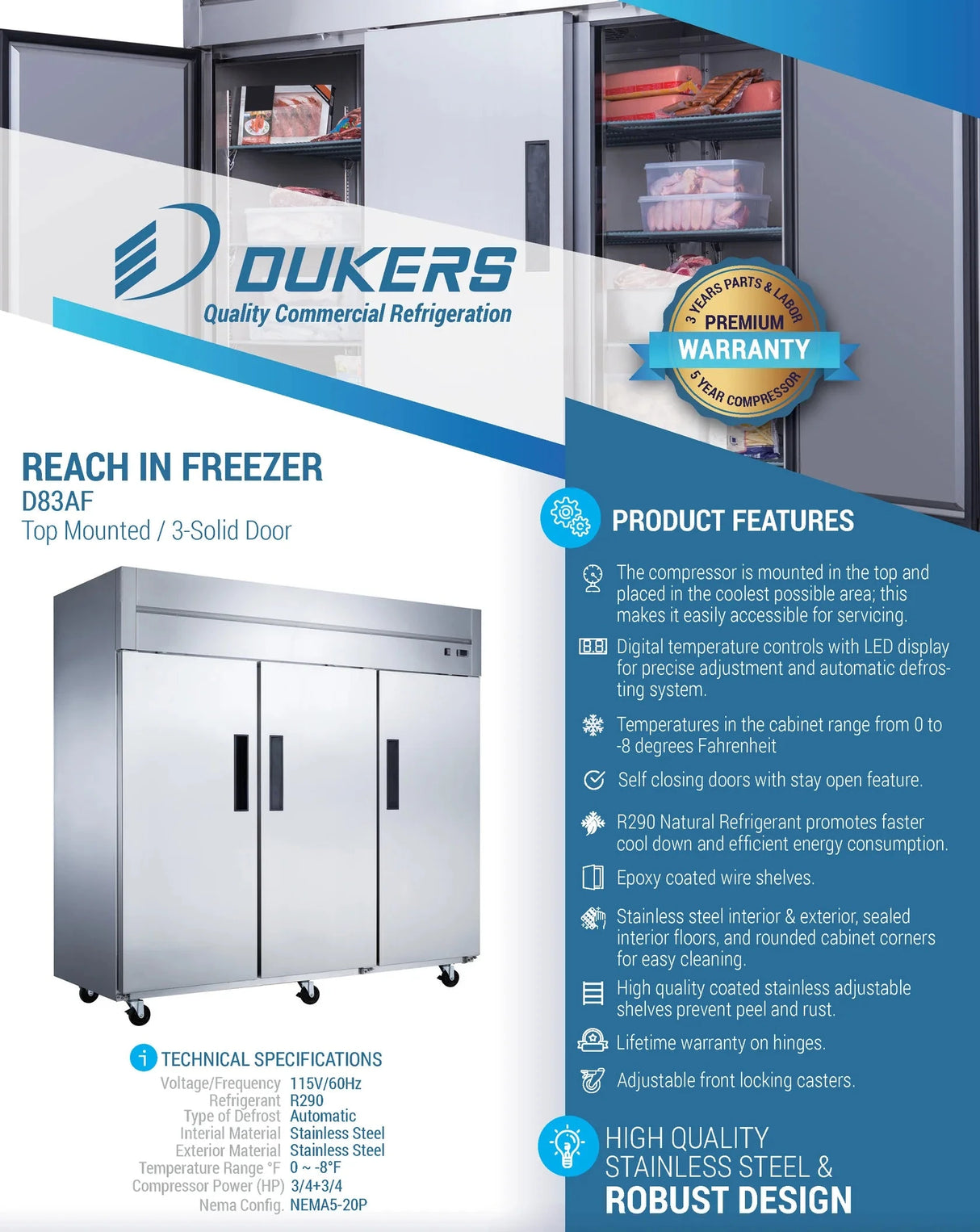 Dukers  D83AF Commercial 3-Door Top Mount Freezer in Stainless Steel (Free Shipping) (Add to cart for discount)