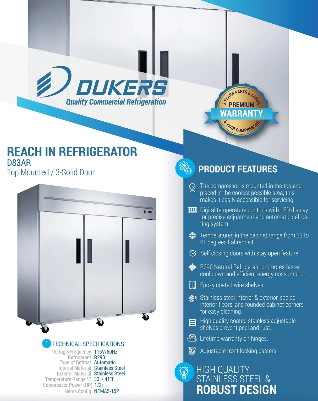 Dukers  D83AR Commercial 3-Door Top Mount Refrigerator in Stainless Steel (Free Shipping)+(Add to cart for discount)