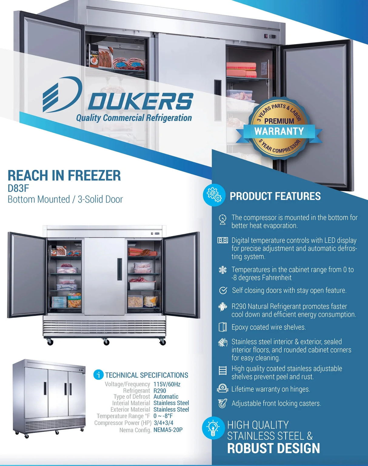 Dukers  D83F 3-Door Commercial Freezer in Stainless Steel (Free Shipping) (Add to cart for discount)
