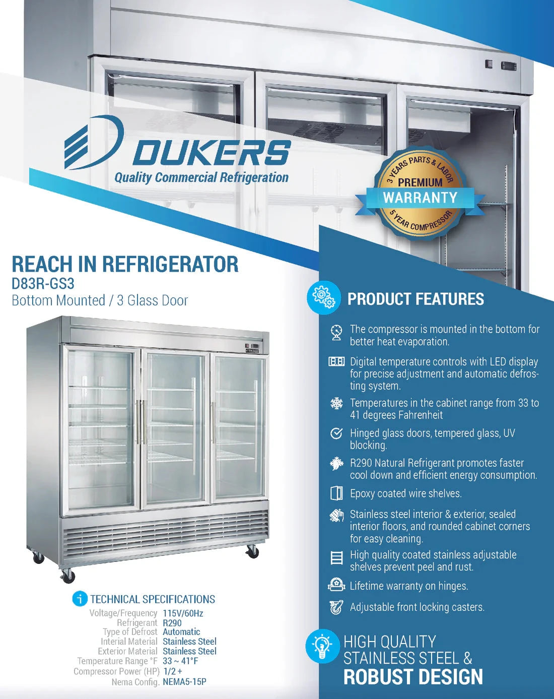 Dukers  D83R-GS3 Bottom Mount Glass 3-Door Commercial Reach-in Refrigerator (Free Shipping) (Add to cart for discount)