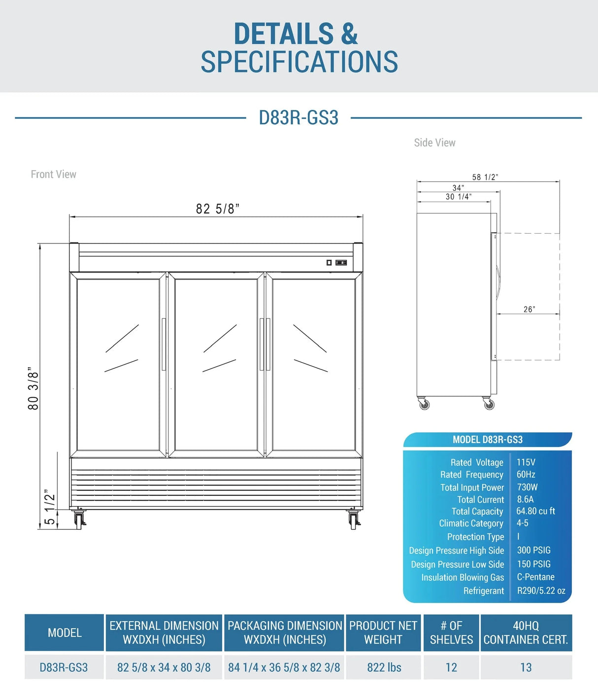 Dukers  D83R-GS3 Bottom Mount Glass 3-Door Commercial Reach-in Refrigerator (Free Shipping) (Add to cart for discount)