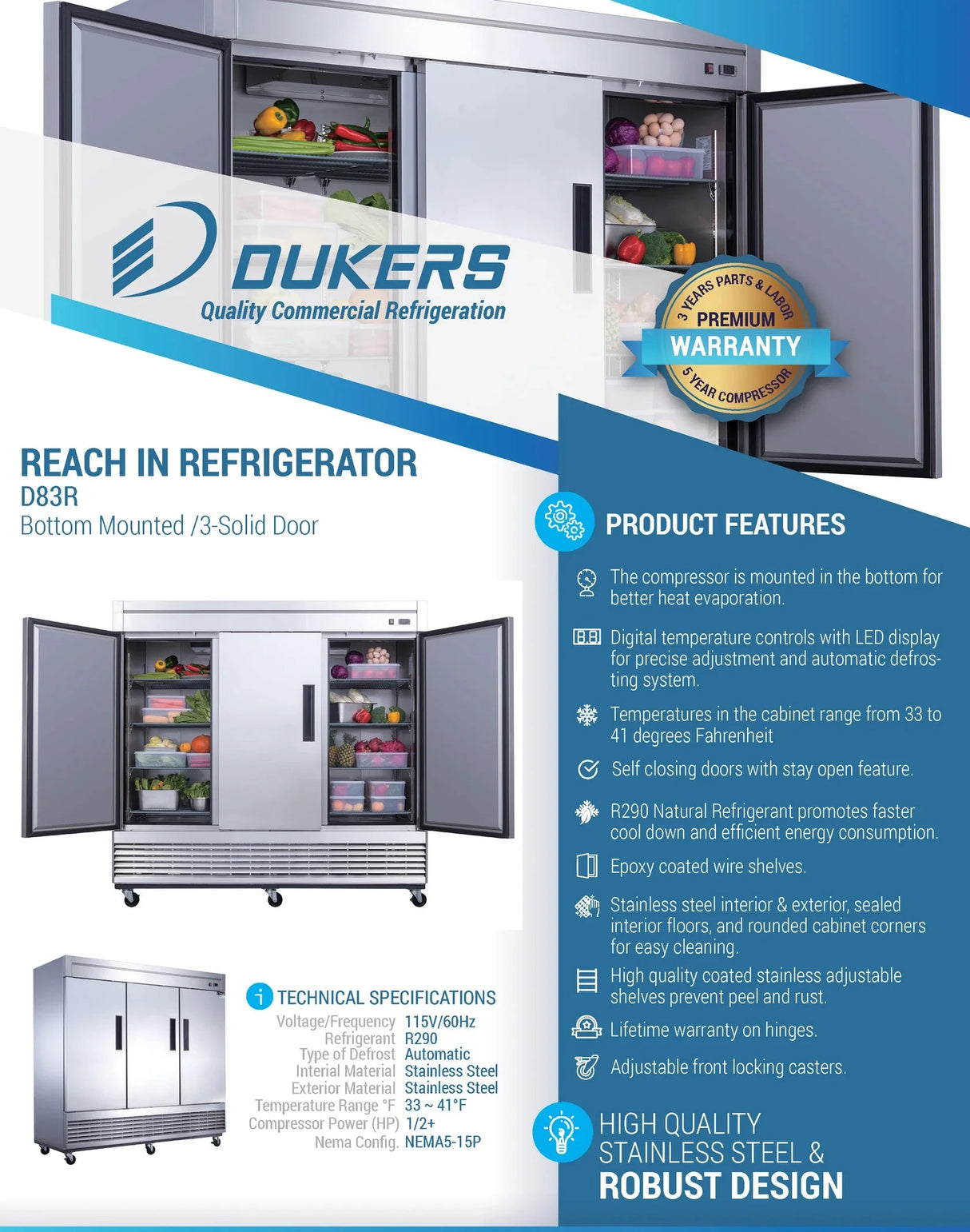Dukers  D83R 3-Door Commercial Refrigerator in Stainless Steel (Free Shipping) (Add to cart for discount)