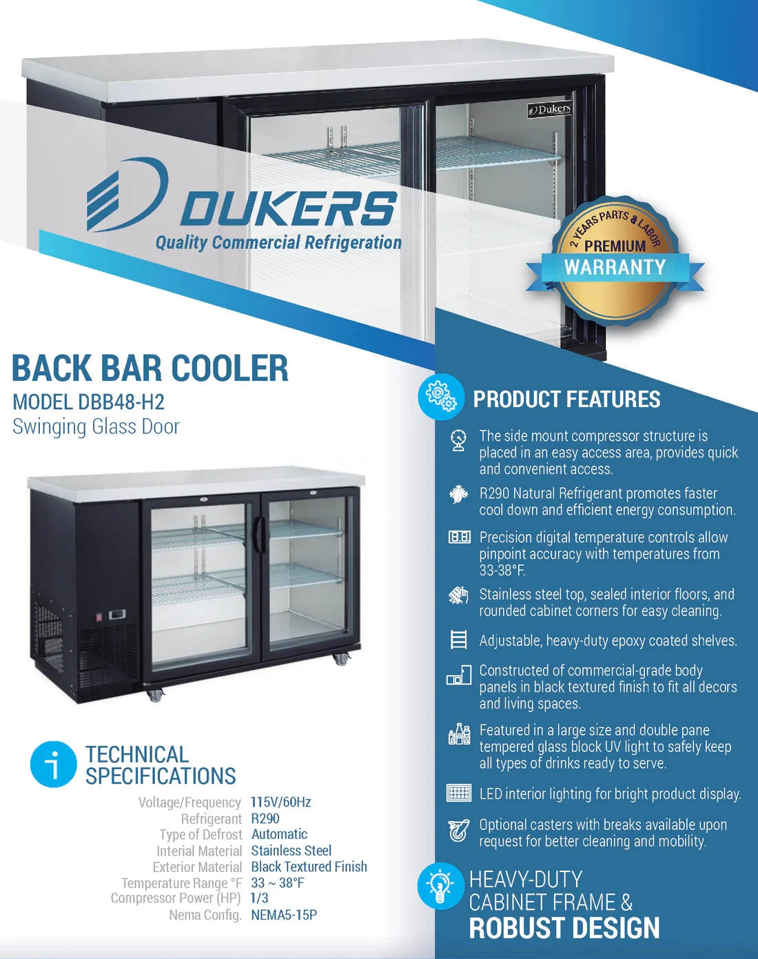Dukers  DBB48-H2 2-Door Bar and Beverage Cooler (Hinge Doors) (Free Shipping) (Add to cart for discount)