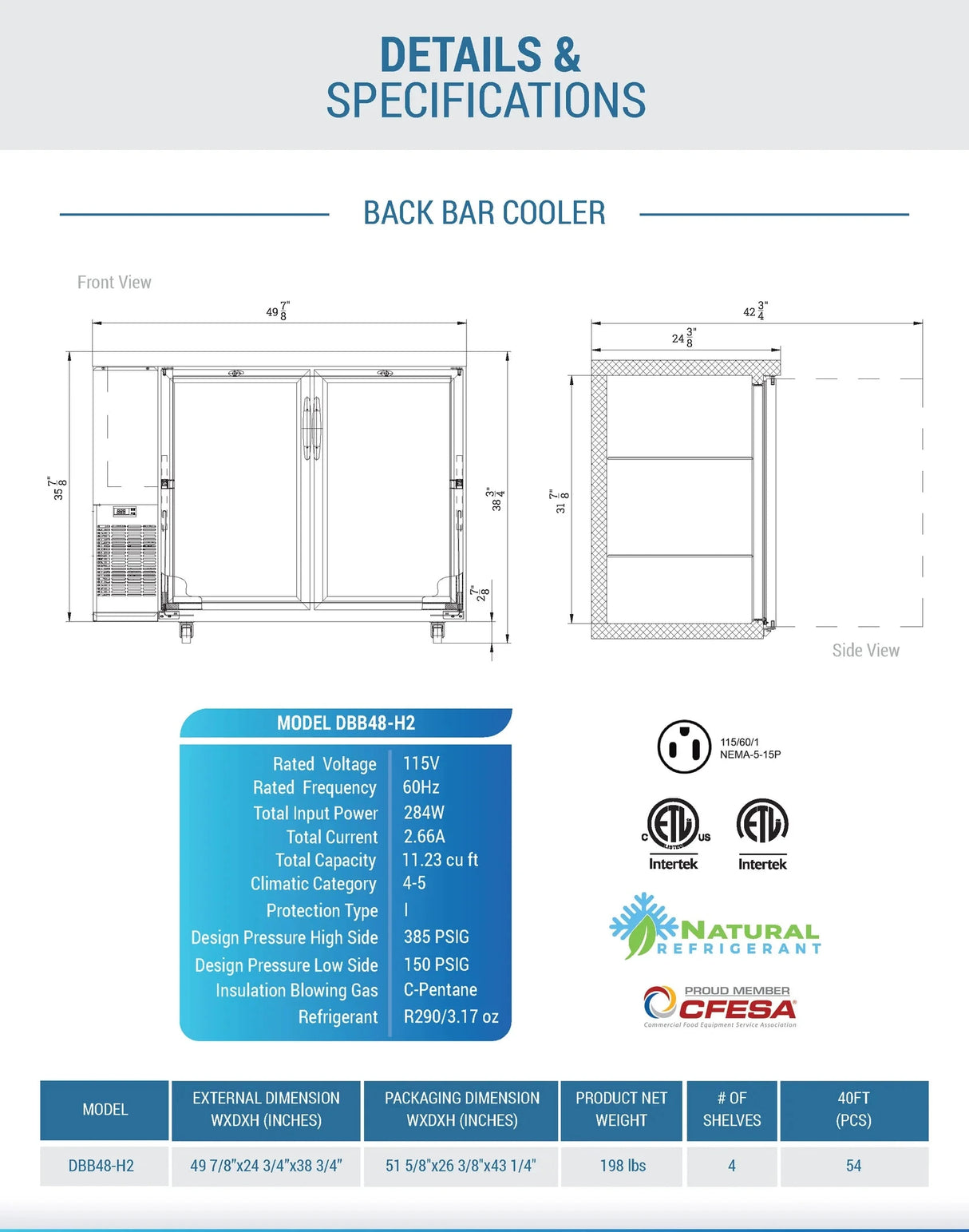 Dukers  DBB48-H2 2-Door Bar and Beverage Cooler (Hinge Doors) (Free Shipping) (Add to cart for discount)