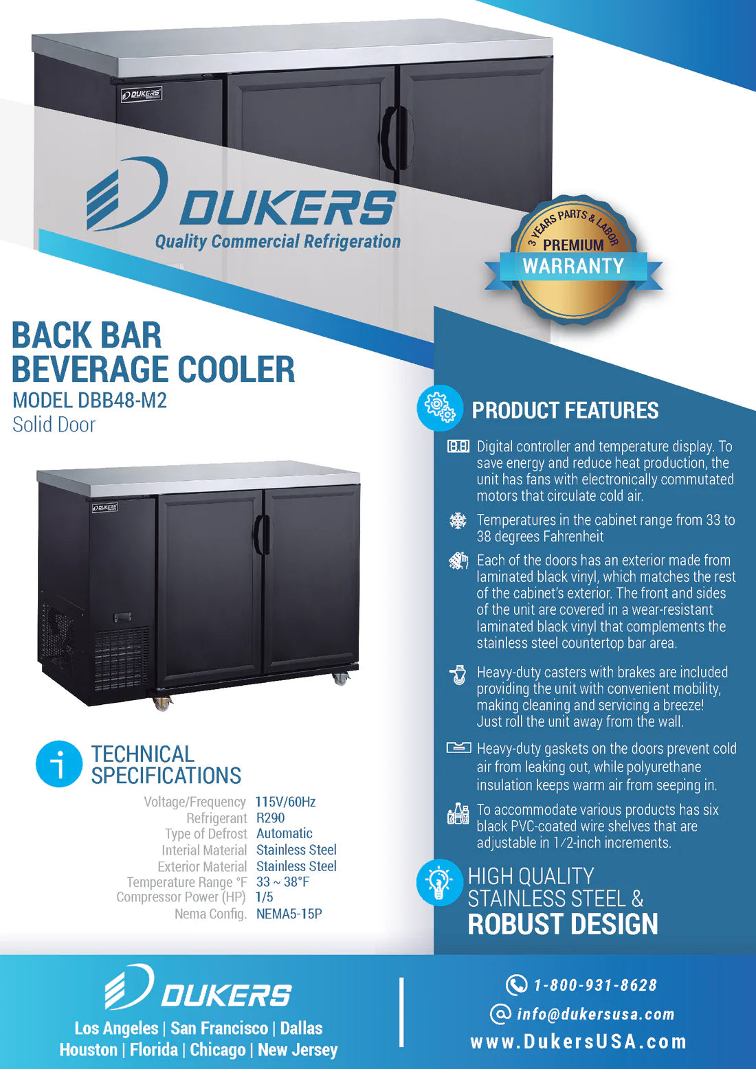 Dukers  DBB48-M2 2-Door Bar and Beverage Cooler (Solid Doors) (Free Shipping) (Add to cart for discount)