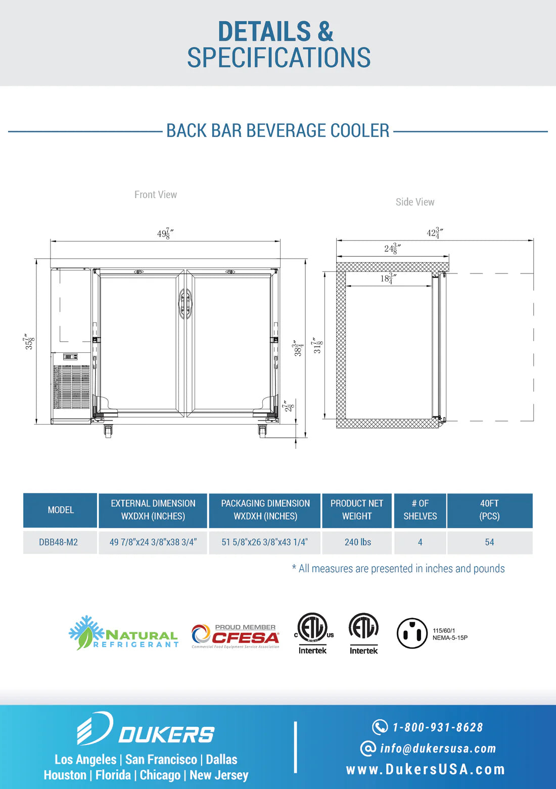 Dukers  DBB48-M2 2-Door Bar and Beverage Cooler (Solid Doors) (Free Shipping) (Add to cart for discount)