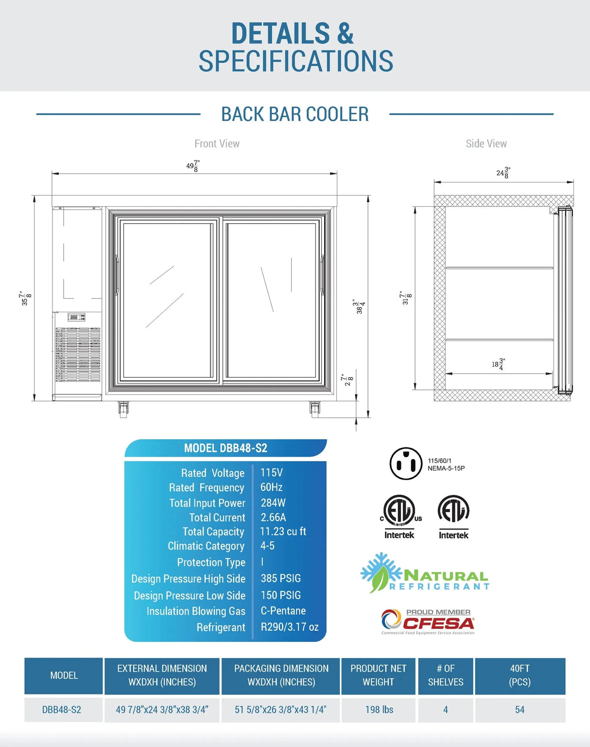 Dukers  DBB48-S2 2-Door Bar and Beverage Cooler (Sliding Doors) (Free Shipping) (Add to cart for discount)