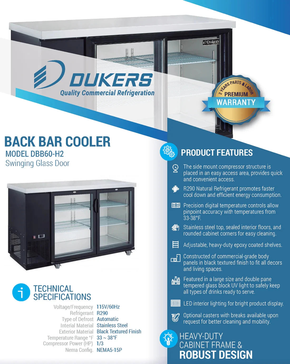 Dukers  DBB60-H2 2 Door Bar and Beverage Cooler (Hinge Doors) (Free Shipping) (Add to cart for discount)