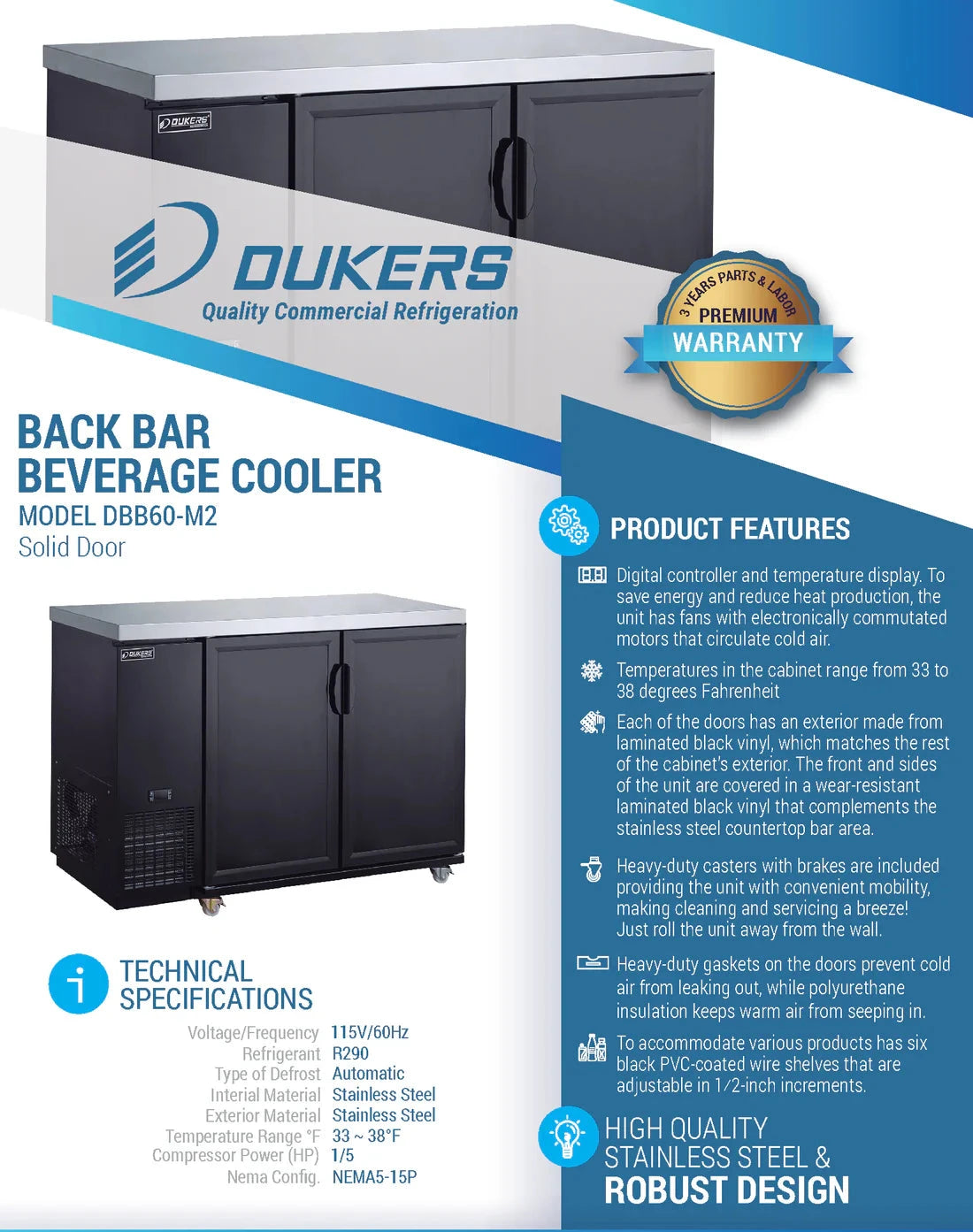 Dukers  DBB60-M2 2-Door Bar and Beverage Cooler (Solid Doors) (Free Shipping) (Add to cart for discount)