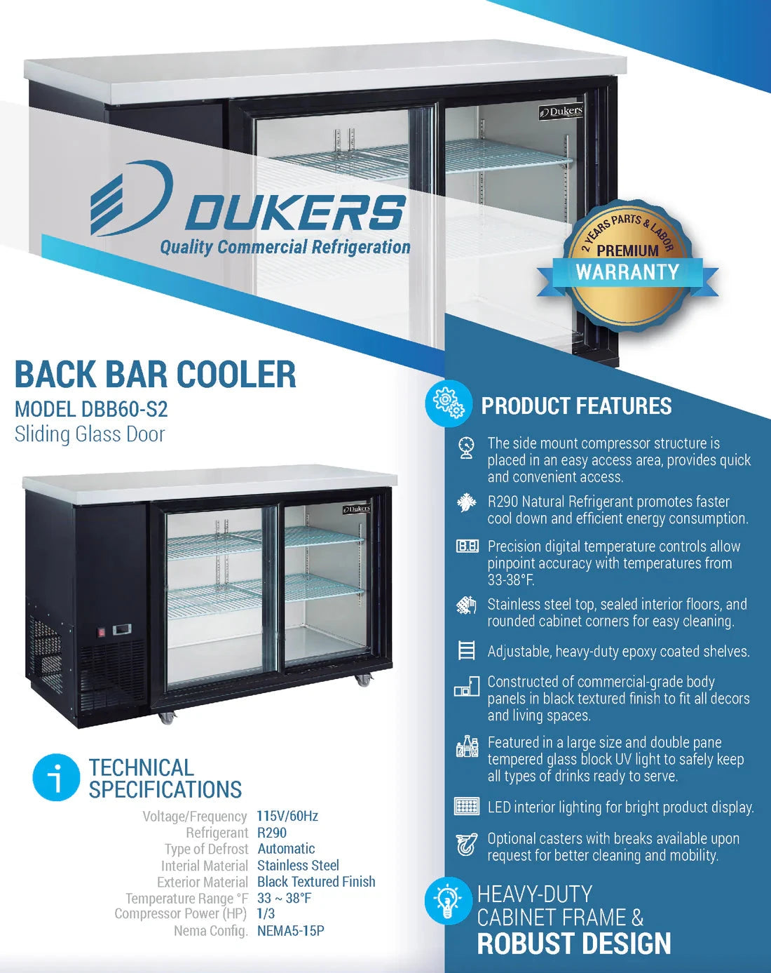 Dukers  DBB60-S2 2 Door Bar and Beverage Cooler (Sliding Doors) (Free Shipping) (Add to cart for discount)