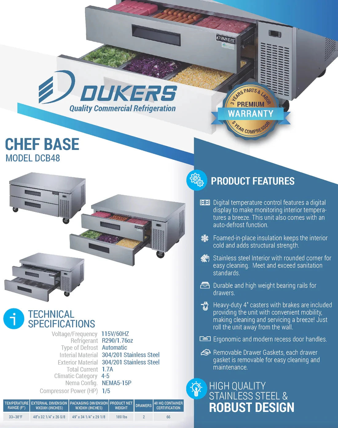Dukers  DCB48-D2 Chef Base Refrigerator with 2 Drawers (Free Shipping) (Add to cart for discount)
