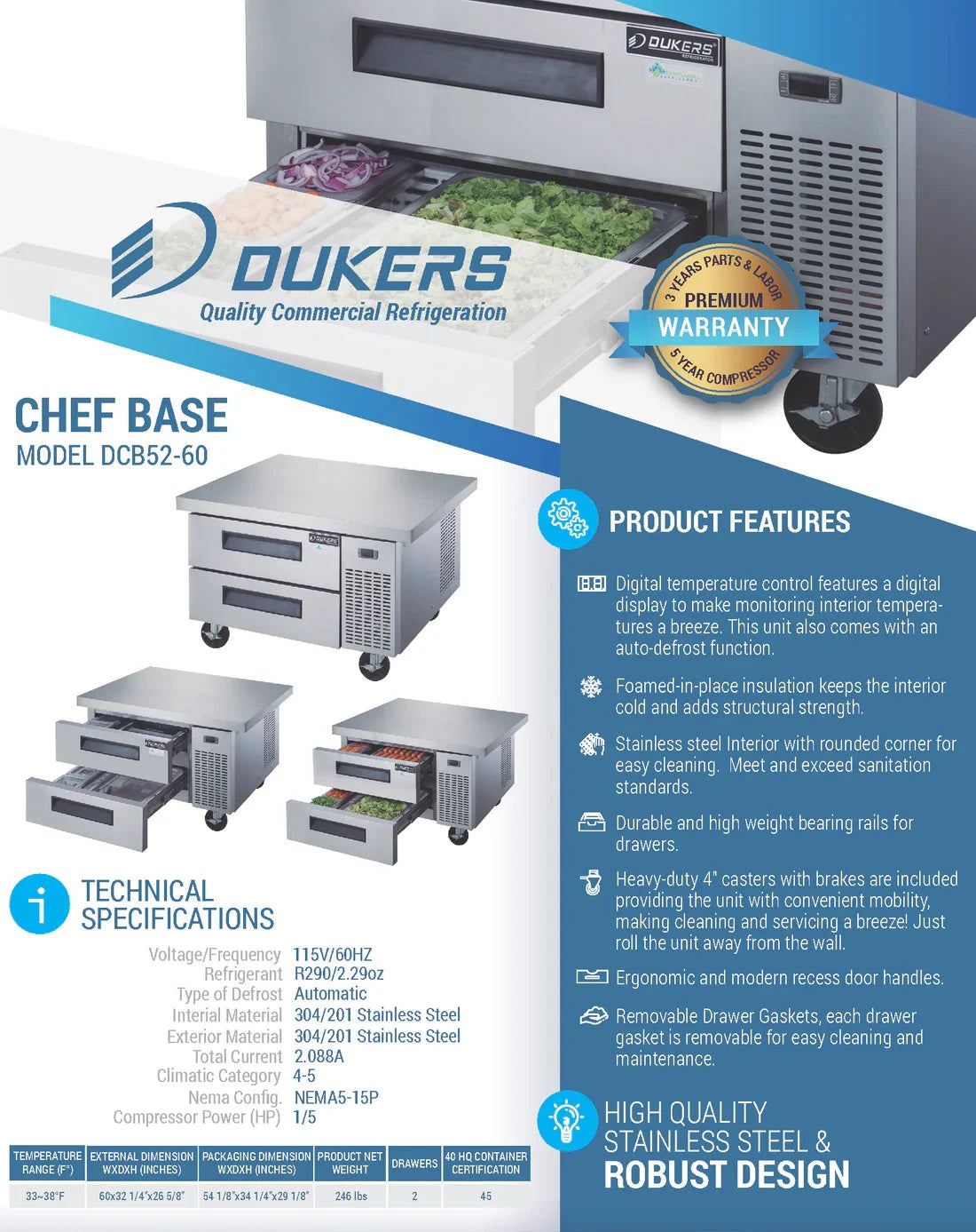 Dukers  DCB52-60-D2 Chef Base Refrigerator with 2 Drawers (Free Shipping) (Add to cart for discount)