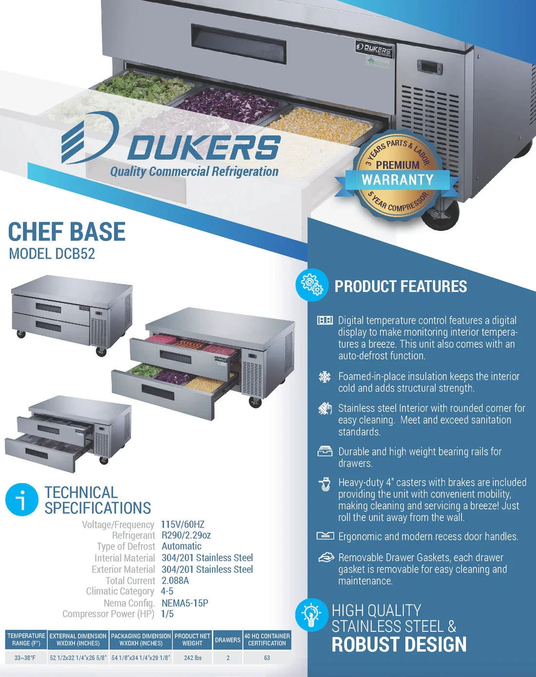 Dukers  DCB52-D2 Chef Base Refrigerator with 2 Drawers (Free Shipping) (Add to cart for discount)