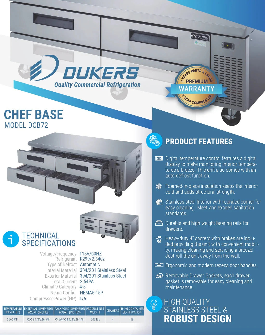 Dukers  DCB72-D4 Chef Base Refrigerator with 4 Drawers (Free Shipping) (Add to cart for discount)