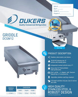 Dukers  DCGM12 12 in. W Griddle with 1 Burners (Free Shipping) (Add to cart for discount)