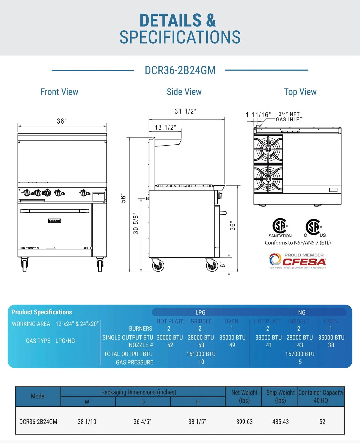 Dukers  DCR36-2B24GM 36" Gas Range with Two (2) Open Burners & 24" Griddle (Free Shipping) (Add to cart for discount)