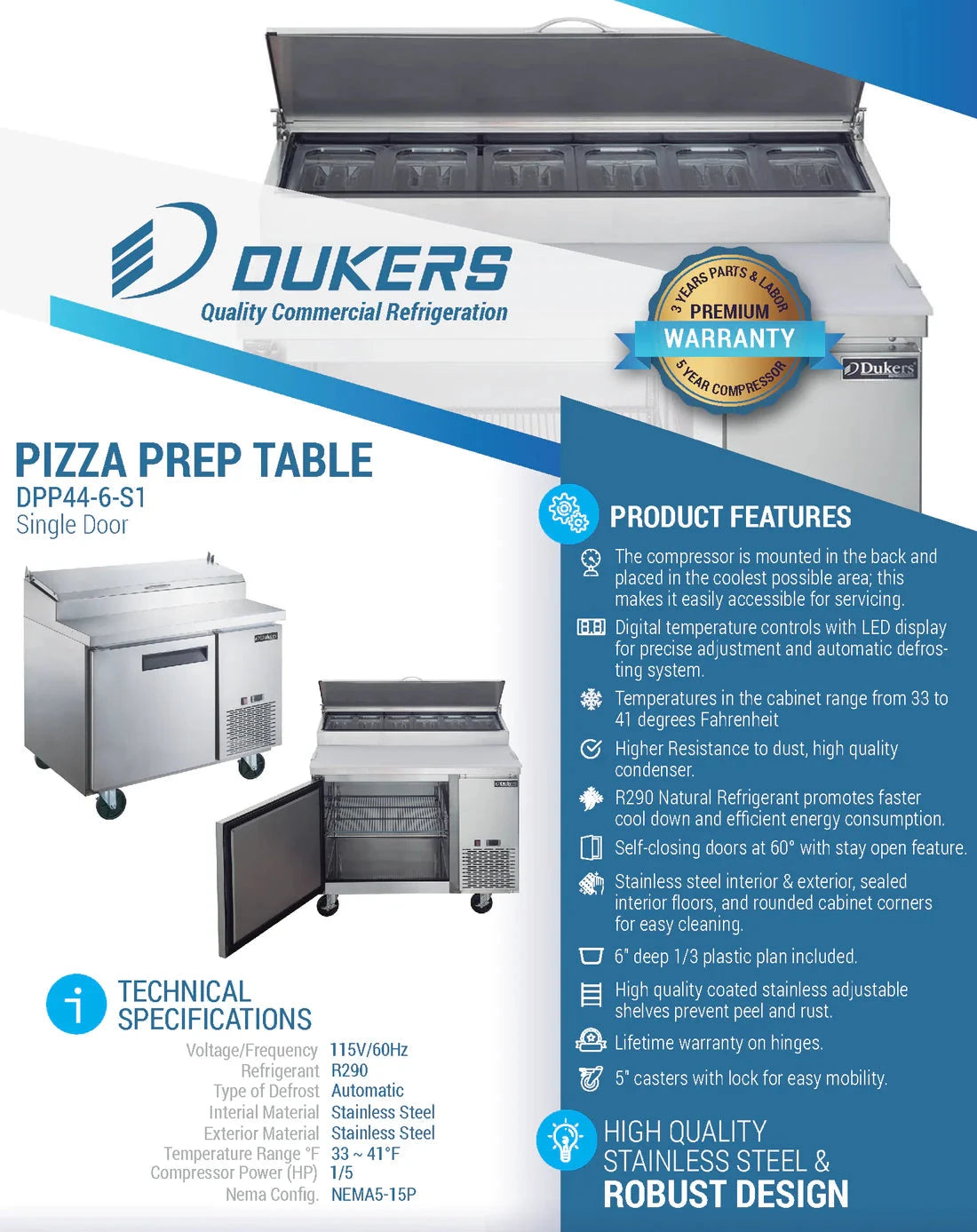Dukers  DPP44-6-S1 Commercial Single Door Pizza Prep Table Refrigerator (Free Shipping) (Add to cart for discount)