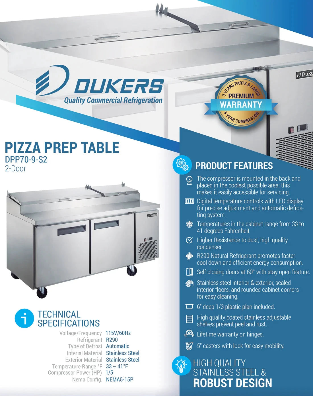 Dukers  DPP70-9-S2 Commercial 2-Door Pizza Prep Table Refrigerator (Free Shipping) (Add to cart for discount)