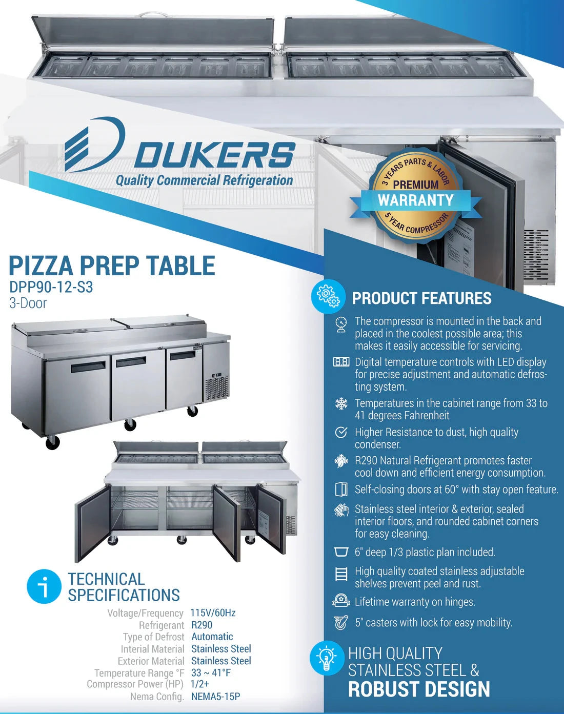 Dukers  DPP90-12-S3 Commercial 3-Door Pizza Prep Table Refrigerator (Free Shipping) (Add to cart for discount)