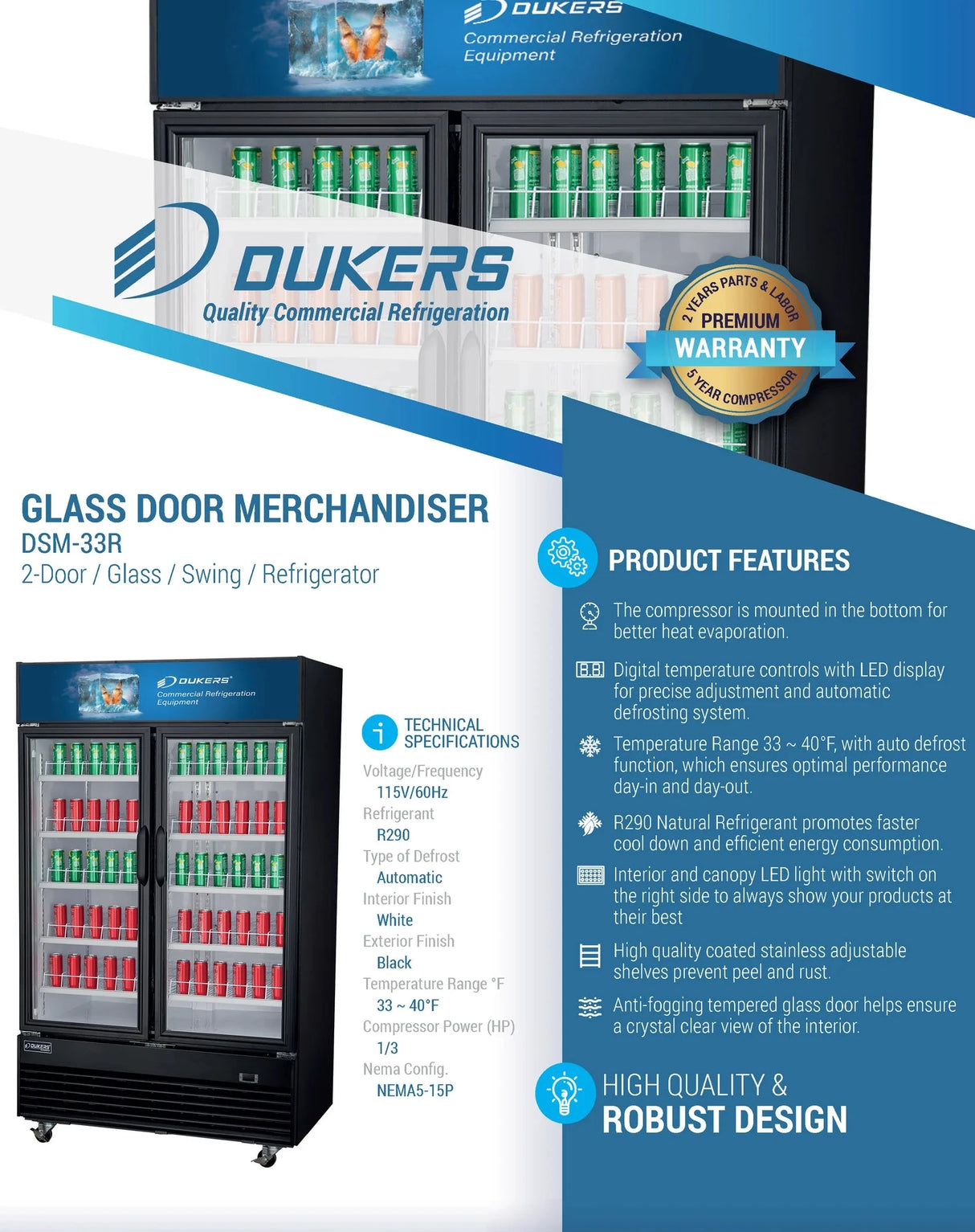 Dukers  DSM-33R Commercial Glass Swing 2-Door Merchandiser Refrigerator (Free Shipping) (Add to cart for discount)