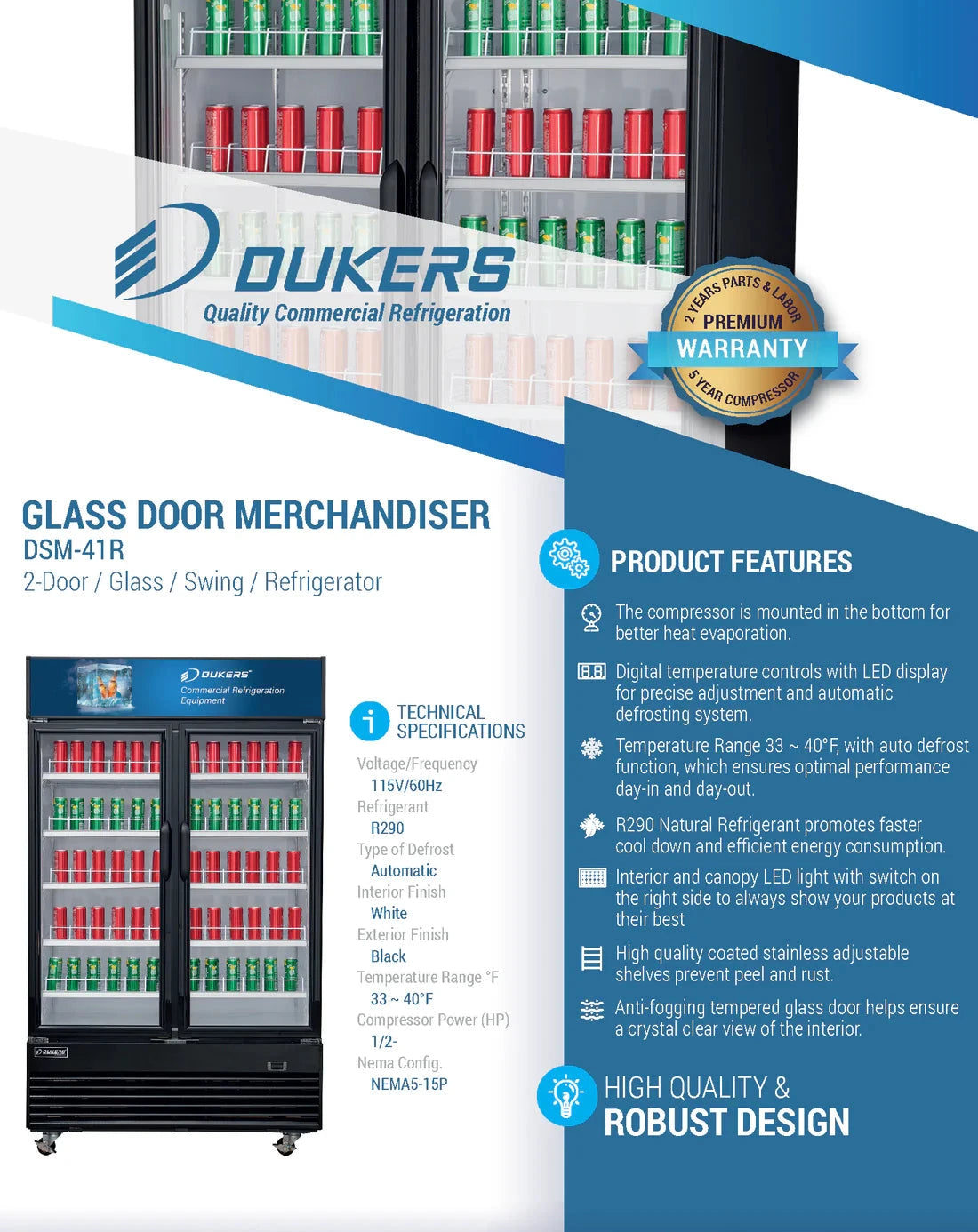 Dukers  DSM-41R Commercial Glass Swing 2-Door Merchandiser Refrigerator (Free Shipping) (Add to cart for discount)