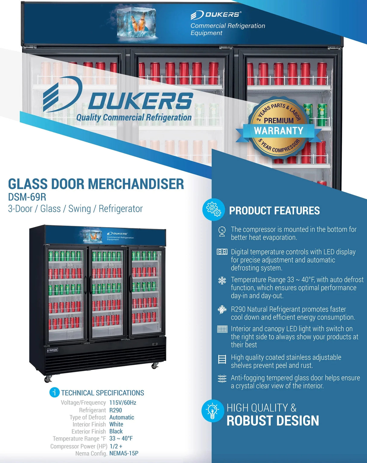Dukers  DSM-69R Commercial Glass Swing 3-Door Merchandiser Refrigerator (Free Shipping) (Add to cart for discount)