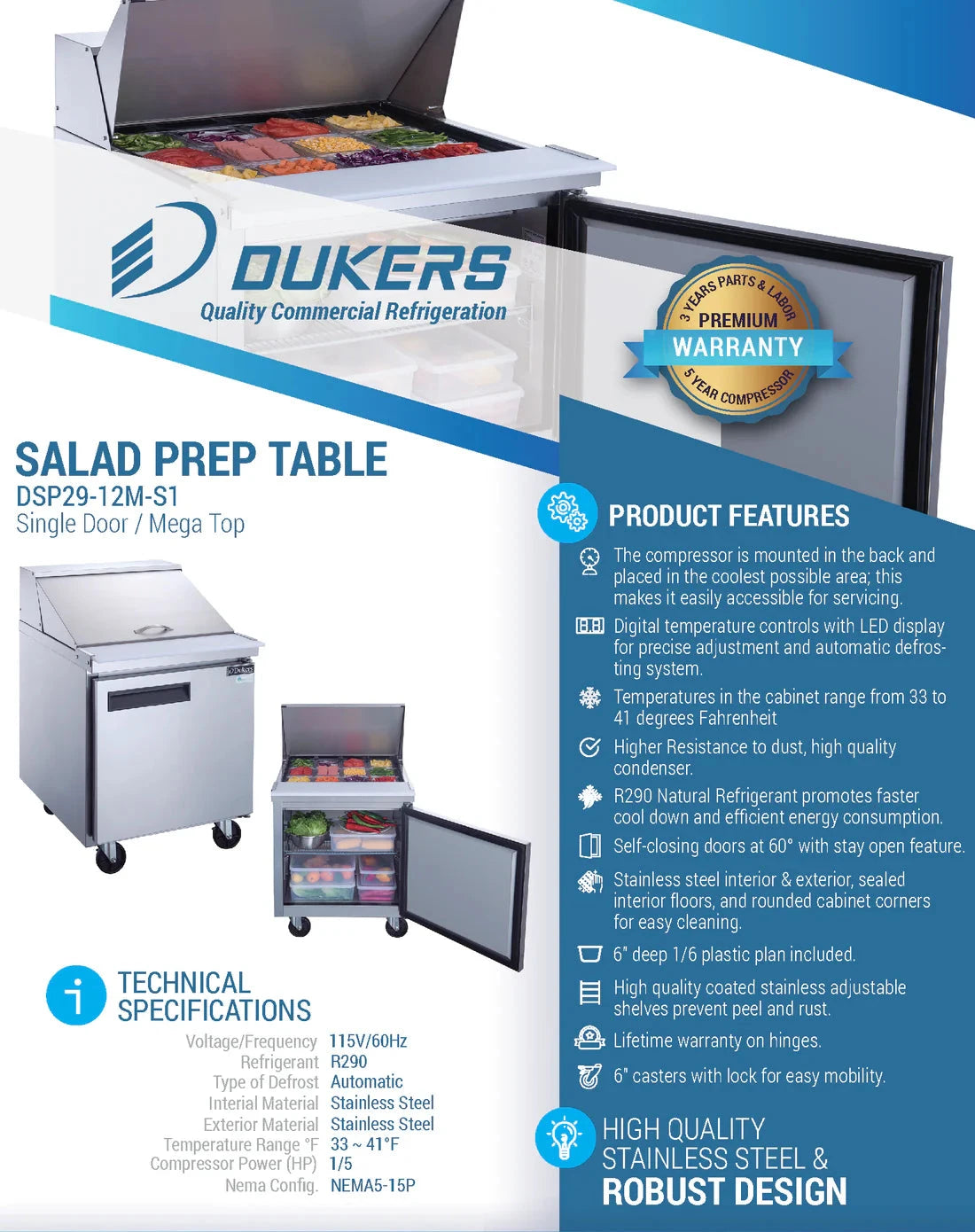 Dukers  DSP29-12M-S1 1-Door Commercial Food Prep Table Refrigerator in Stainless Steel with Mega Top (Free Shipping) (Add to cart for discount)