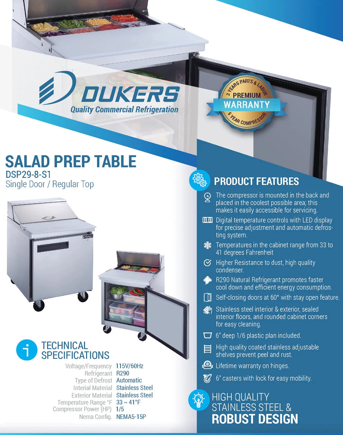 Dukers  DSP29-8-S1 1-Door Commercial Food Prep Table Refrigerator in Stainless Steel (Free Shipping) (Add to cart for discount)