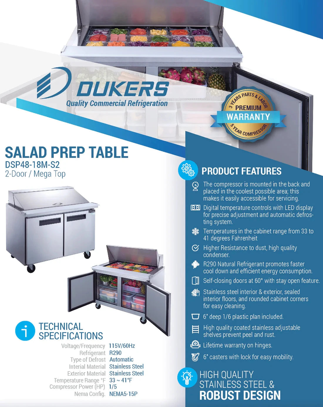 Dukers  DSP48-18M-S2 2-Door Commercial Food Prep Table Refrigerator in Stainless Steel with Mega Top (Free Shipping) (Add to cart for discount)