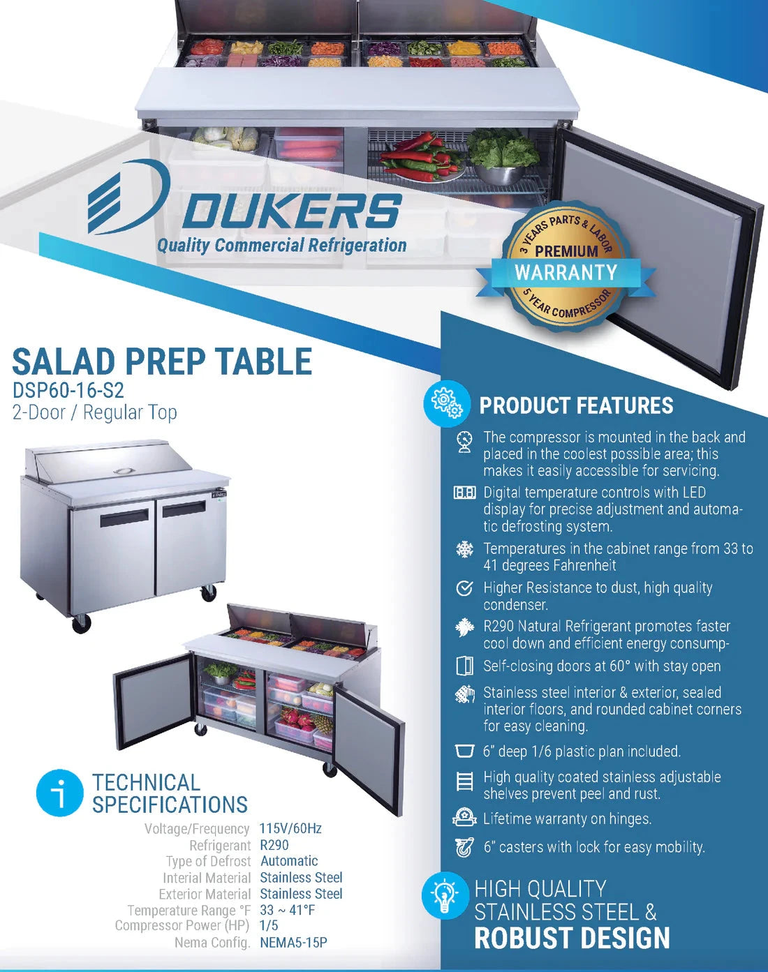 Dukers  DSP60-16-S2 2-Door Commercial Food Prep Table Refrigerator in Stainless Steel (Free Shipping) (Add to cart for discount)