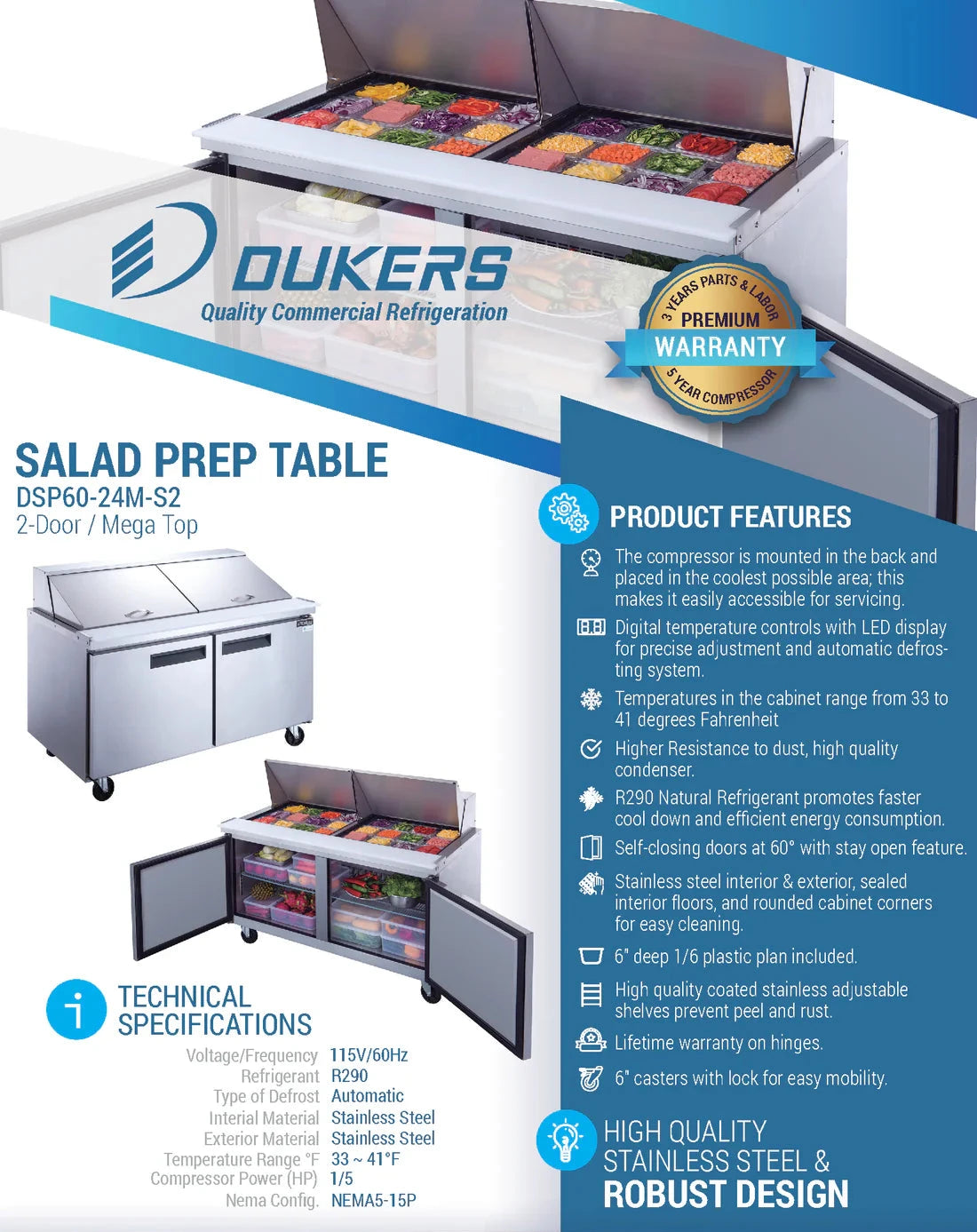 Dukers  DSP60-24M-S2 2-Door Commercial Food Prep Table Refrigerator in Stainless Steel with Mega Top (Free Shipping) (Add to cart for discount)