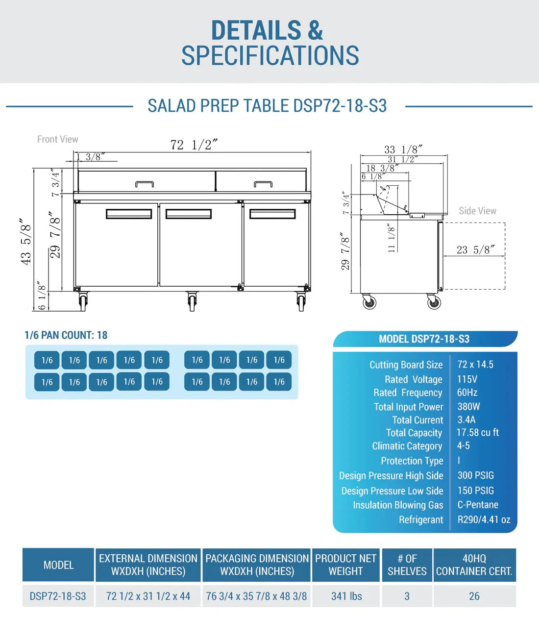 Dukers  DSP72-18-S3 3-Door Commercial Food Prep Table Refrigerator in Stainless Steel (Free Shipping) (Add to cart for discount)